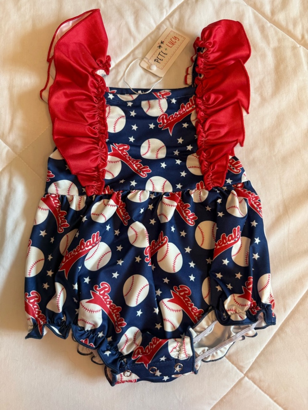 Pete & Lucy Baseball Print Baby Romper with Red Ruffle Straps NWT